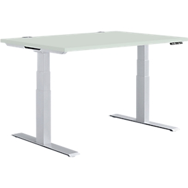 Schäfer Shop Genius MODENA FLEX escritorio, regulable en altura eléctricamente, rectangular, pie en T, ancho 1200 x fondo 800 mm, aluminio gris claro/blanco
