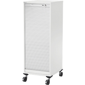 Schäfer Shop Genius Multimobil, W 450 x D 500 x H 1220 mm, plastic roller shutter, with rollers, lockable, white