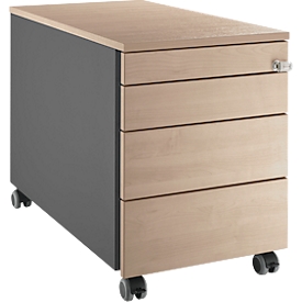 Schäfer Shop Genius Rollcontainer 1233, 3 Schubladen, 1 Utensilienauszug, Zentralverschluss, seitliche Griffnut, B 435 x T 765 x H 577 mm, anthrazit/Eiche-Dekor
