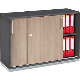 Schäfer Shop Genius Schiebetürenschrank TETRIS WOOD, 2 OH, inkl. Stahlsockel, B 1200 x T 421 x H 800 mm, graphit/Eiche