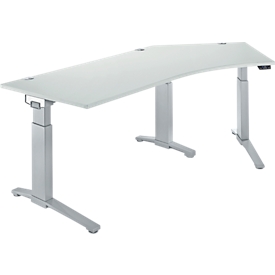 Schäfer Shop Genius Schreibtisch ERGOSTYLE S, 135°, einstufig, elektrisch höhenverstellbar, Ansatz rechts, C-Fuß, B 2165 x T 800 x H 715-1182 mm, inkl. Memory Master, lichtgrau/weißaluminium