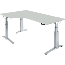 Schäfer Shop Genius Schreibtisch ERGOSTYLE S, 90°, Ansatz links, elektrisch höhenverstellbar, C-Fuss, zweistufig, B 2000 x T 800 x H 645-1305 mm, inkl. Memory Master, lichtgrau/weissaluminium