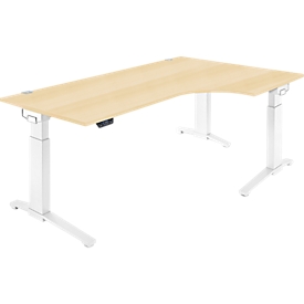 Schäfer Shop Genius Schreibtisch ERGOSTYLE S, 90°, elektrisch höhenverstellbar, Ansatz rechts, C-Fuss, einstufig, B 2000 x T 800 x H 715 - 1182 mm, inkl. Memory Master, Ahorn/weiss