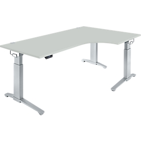 Schäfer Shop Genius Schreibtisch ERGOSTYLE S, 90°, elektrisch höhenverstellbar, Ansatz rechts, C-Fuß, einstufig, B 2000 x T 800 x H 715 - 1182 mm, inkl. Memory Master, lichtgrau/weißaluminium
