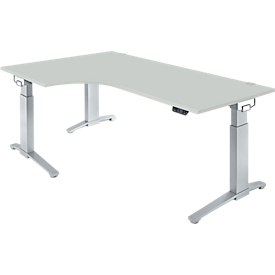 Schäfer Shop Genius Schreibtisch ERGOSTYLE S, 90°, elektrisch höhenverstellbar, einstufig, Ansatz links, C-Fuß, B 2000 x T 800 x H 715 - 1182 mm, inkl. Memory Master, lichtgrau/weißaluminium