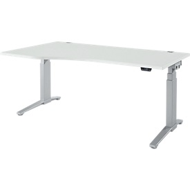 Schäfer Shop Genius Schreibtisch ERGOSTYLE S, elektrisch höhenverstellbar, Ansatz links, zweistufig, C-Fuß, B 1800 x T 800/1000 x H 645-1305 mm, inkl. Memory Master, lichtgrau/weißaluminium
