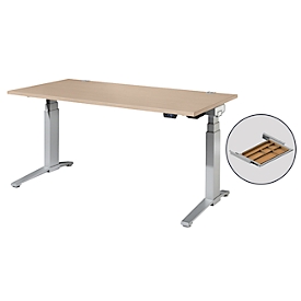 Schäfer Shop Genius Schreibtisch ERGOSTYLE S, Rechteck, 2-stufig elektrisch höhenverstellbar, C-Fuß, B 1600 x T 800 x H 635-1305 mm, inkl. Memory Master + Schublade, Eiche/weißaluminium