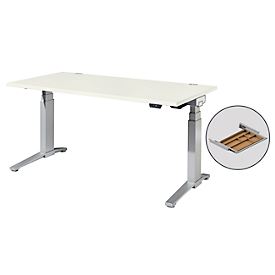 Schäfer Shop Genius Schreibtisch ERGOSTYLE S, Rechteck, 2-stufig elektrisch höhenverstellbar, C-Fuß, B 1600 x T 800 x H 635-1305 mm, inkl. Memory Master + Schublade, weiß/weißaluminium