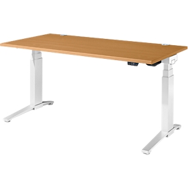 Schäfer Shop Genius Schreibtisch ERGOSTYLE S, Rechteck, elektrisch höhenverstellbar, zweistufig, C-Fuß, B 1600 x T 800 x H 635-1305 mm, inkl. Memory Master, Buche/weiß