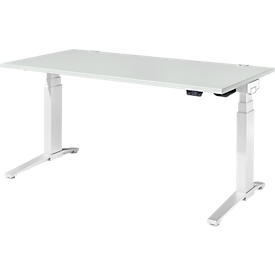 Schäfer Shop Genius Schreibtisch ERGOSTYLE S, Rechteck, elektrisch höhenverstellbar, zweistufig, C-Fuß, B 1600 x T 800 x H 635-1305 mm, inkl. Memory Master, lichtgrau/weiß