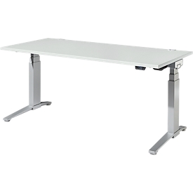 Schäfer Shop Genius Schreibtisch ERGOSTYLE S, Rechteck, elektrisch höhenverstellbar, zweistufig, C-Fuß, B 1800 x T 800 x H 635-1305 mm, inkl. Memory Master, lichtgrau/weißaluminium