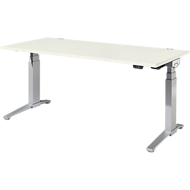 Schäfer Shop Genius Schreibtisch ERGOSTYLE S, Rechteck, elektrisch höhenverstellbar, zweistufig, C-Fuß, B 1800 x T 800 x H 635-1305 mm, inkl. Memory Master, weiß/weißaluminium
