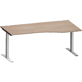 Schäfer Shop Genius Schreibtisch MODENA FLEX, Freiform rechts, T-Fuß Rechteckrohr, B 1800 x T 1000/800 x H 650-850 mm, Eiche/weißalu