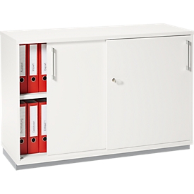 Schäfer Shop Genius sliding door cabinet TETRIS WOOD, 2 OH, incl. steel plinth, W 1200 x D 421 x H 800 mm, white
