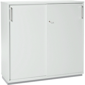 Schäfer Shop Genius sliding door cabinet TETRIS WOOD, 3 OH, 2 shelves, lockable, foot glides &amp; steel base, W 1000 x D 421 x H 1160 mm, light grey