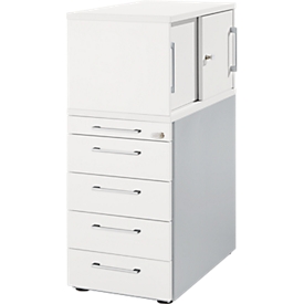Schäfer Shop Genius Standcontainer mit Aufsatzschrank inkl. Schiebetür, komplett abschließbar, eckiger Griff, weiß