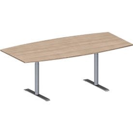 Schäfer Shop Genius Table de conférence MODENA FLEX, bateau, pied en T tube rond, L 2000 x H 650-850 mm, décor chêne/aluminium blanc RAL 9006