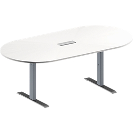 Schäfer Shop Genius Table de réunion MODENA FLEX, hauteur ajustable, bloc prise trois entrées, en forme d'ovale, pieds en T avec tubes rectangulaires, l. 2000 x P 1000 mm, blanc