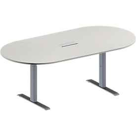 Schäfer Shop Genius Table de réunion MODENA FLEX, hauteur ajustable, bloc prise trois entrées, en forme d'ovale, pieds en T avec tubes rectangulaires, l. 2000 x P 1000 mm, gris clair
