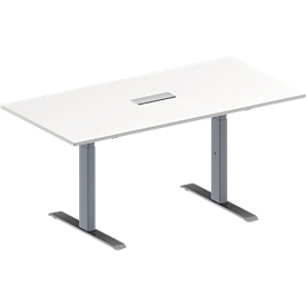 Schäfer Shop Genius Table de réunion MODENA FLEX, hauteur ajustable, bloc prise trois entrées, en forme de rectangle, pied en T avec tubes rectangulaires, l. 1600 x P 800 mm, blanc