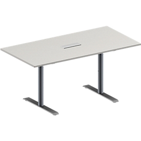 Schäfer Shop Genius Table de réunion MODENA FLEX, hauteur ajustable, bloc prise trois entrées, en forme de rectangle, pied en T avec tubes ronds, l. 1600 x P 800 mm, gris clair