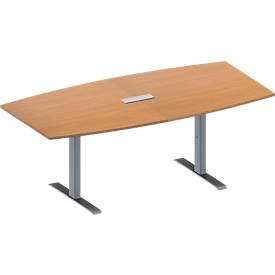 Schäfer Shop Genius Table de réunion MODENA FLEX, hauteur ajustable, bloc prise trois entrées, forme bateau, pieds en T avec tubes rectangulaires, l. 2000 x P 1000/800 mm, coloris hêtre