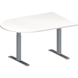 Schäfer Shop Genius Table de réunion MODENA FLEX, hauteur ajustable, en forme de demi-cercle, pieds en T avec tubes rectangulaires, l. 1400 x P 1000 mm, blanc