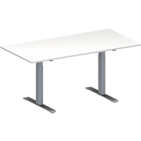 Schäfer Shop Genius Table de réunion MODENA FLEX, hauteur ajustable, en forme de rectangle, pied en T avec tubes rectangulaires, l. 1600 x P 800 mm, blanc 