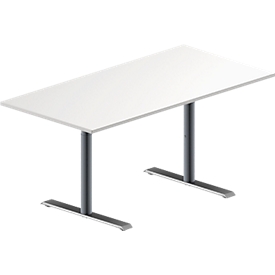 Schäfer Shop Genius Table de réunion MODENA FLEX, hauteur ajustable, en forme de rectangle, pied en T avec tubes ronds, l. 1600 x P 800 mm, blanc 
