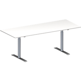 Schäfer Shop Genius Table de réunion MODENA FLEX, hauteur ajustable, en forme de rectangle, pied en T avec tubes ronds, l. 2000 x P 800 mm, blanc 