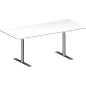 Schäfer Shop Genius Table de réunion MODENA FLEX, hauteur ajustable, en forme de rectangle, pieds en T avec tubes ronds, l. 1800 x P 800 mm, blanc 