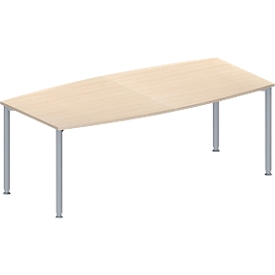 Schäfer Shop Genius Table de réunion MODENA FLEX, hauteur ajustable, forme bateau, 4 pieds avec tubes ronds, l. 2000 x P 1000/800 mm, sans bloc prise, coloris érable 