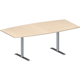 Schäfer Shop Genius Table de réunion MODENA FLEX, hauteur ajustable, forme bateau, pieds en T avec tubes ronds, l. 2000 x P 1000/800 mm, coloris érable