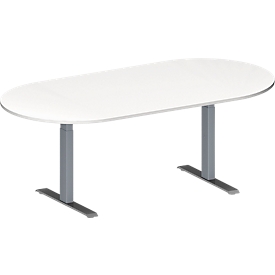 Schäfer Shop Genius Table de réunion MODENA FLEX, hauteur ajustable, sans bloc prise, en forme d'ovale, pieds en T avec tubes rectangulaires, l. 2000 x P 1000 mm, blanc 