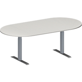Schäfer Shop Genius Table de réunion MODENA FLEX, hauteur ajustable, sans bloc prise, en forme d'ovale, pieds en T avec tubes rectangulaires, l. 2000 x P 1000 mm, gris clair 