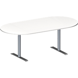 Schäfer Shop Genius Table de réunion MODENA FLEX, hauteur ajustable, sans bloc prise, en forme d'ovale, pieds en T avec tubes ronds, l. 2000 x P 1000 mm, blanc