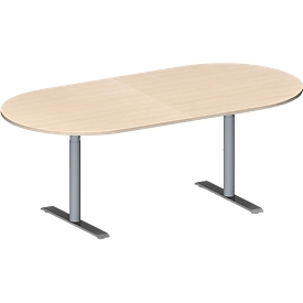 Schäfer Shop Genius Table de réunion MODENA FLEX, hauteur ajustable, sans bloc prise, en forme d'ovale, pieds en T avec tubes ronds, l. 2000 x P 1000 mm, coloris érable