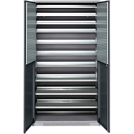 Schäfer Shop Genius tijdschriftenkast FS, 5 OH, afsluitbaar, 10 legborden, 2 geperforeerde legborden, tot 450 kg, B 1055 x D 520 x H 1950 mm, blank aluminium/antracietgrijs