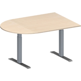 Schäfer Shop  Genius Vergadertafel MODENA FLEX, in hoogte verstelbaar, halve cirkelvorm, T-poot rechthoekige buis, B 1400 x D 1000 mm, esdoornpatroon