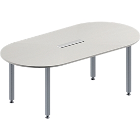 Schäfer Shop Genius Vergadertafel MODENA FLEX, in hoogte verstelbaar, ovale vorm, 4-poot vierkante buis, B 2000 x D 1000 mm, 6-voudige contactdoos, lichtgrijs