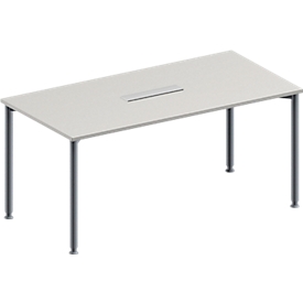 Schäfer Shop Genius Vergadertafel MODENA FLEX, in hoogte verstelbaar, rechthoekig, 4-poot ronde buis, B 1600 x D 800 mm, 6-voudige contactdoos, lichtgrijs
