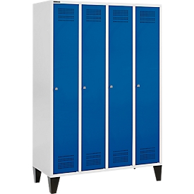 Schäfer Shop Genius Vestiaire sur pieds, 4 compartiments, serrure à cylindre, gris clair/bleu gentiane