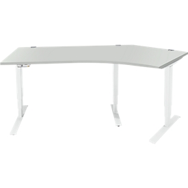 Schäfer Shop Genius Winkelschreibtisch AERO FLEX, elektrisch höhenverstellbar, 135° Winkel rechts, B 2165 mm, lichtgrau/weiss + Memorypanel