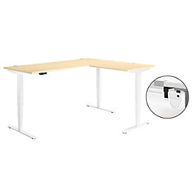 Schäfer Shop Genius Winkelschreibtisch AERO FLEX, elektrisch höhenverstellbar, 90° Winkel, C-Fuss, B 2000 x T 1600 mm, Ahorn-Dekor/weiss, Memorypanel + Kabelkanal