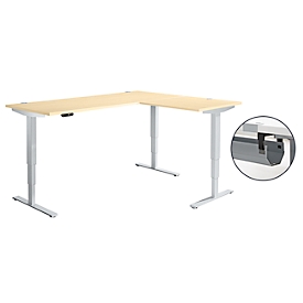 Schäfer Shop Genius Winkelschreibtisch AERO FLEX, elektrisch höhenverstellbar, 90° Winkel, C-Fuß, B 2000 x T 1600 mm, Ahorn-Dekor/weißaluminium, Memorypanel + Kabelkanal