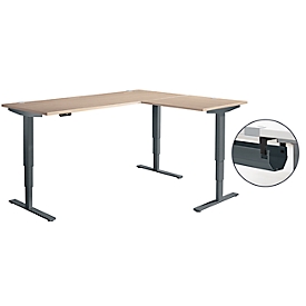Schäfer Shop Genius Winkelschreibtisch AERO FLEX, elektrisch höhenverstellbar, 90° Winkel, C-Fuß, B 2000 x T 1600 mm, Eiche-Dekor/anthrazit, Memorypanel + Kabelkanal