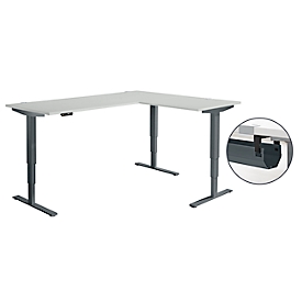 Schäfer Shop Genius Winkelschreibtisch AERO FLEX, elektrisch höhenverstellbar, 90° Winkel, C-Fuß, B 2000 x T 1600 mm, lichtgrau/anthrazit, Memorypanel + Kabelkanal