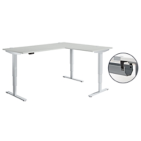 Schäfer Shop Genius Winkelschreibtisch AERO FLEX, elektrisch höhenverstellbar, 90° Winkel, C-Fuß, B 2000 x T 1600 mm, lichtgrau/weißaluminium, Memorypanel + Kabelkanal