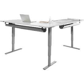 Schäfer Shop Genius Winkelschreibtisch AERO FLEX, elektrisch höhenverstellbar, 90° Winkel wechselseitig, B 2000 mm, lichtgrau/weißalu + 2x Kabelwanne