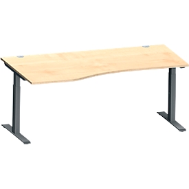 Schäfer Shop Genius Winkelschreibtisch MODENA FLEX, 90° Winkel links, T-Fuß Rechteckrohr, B 2000 x T 1200/800 x H 650-850 mm, Ahorn/anthrazit
